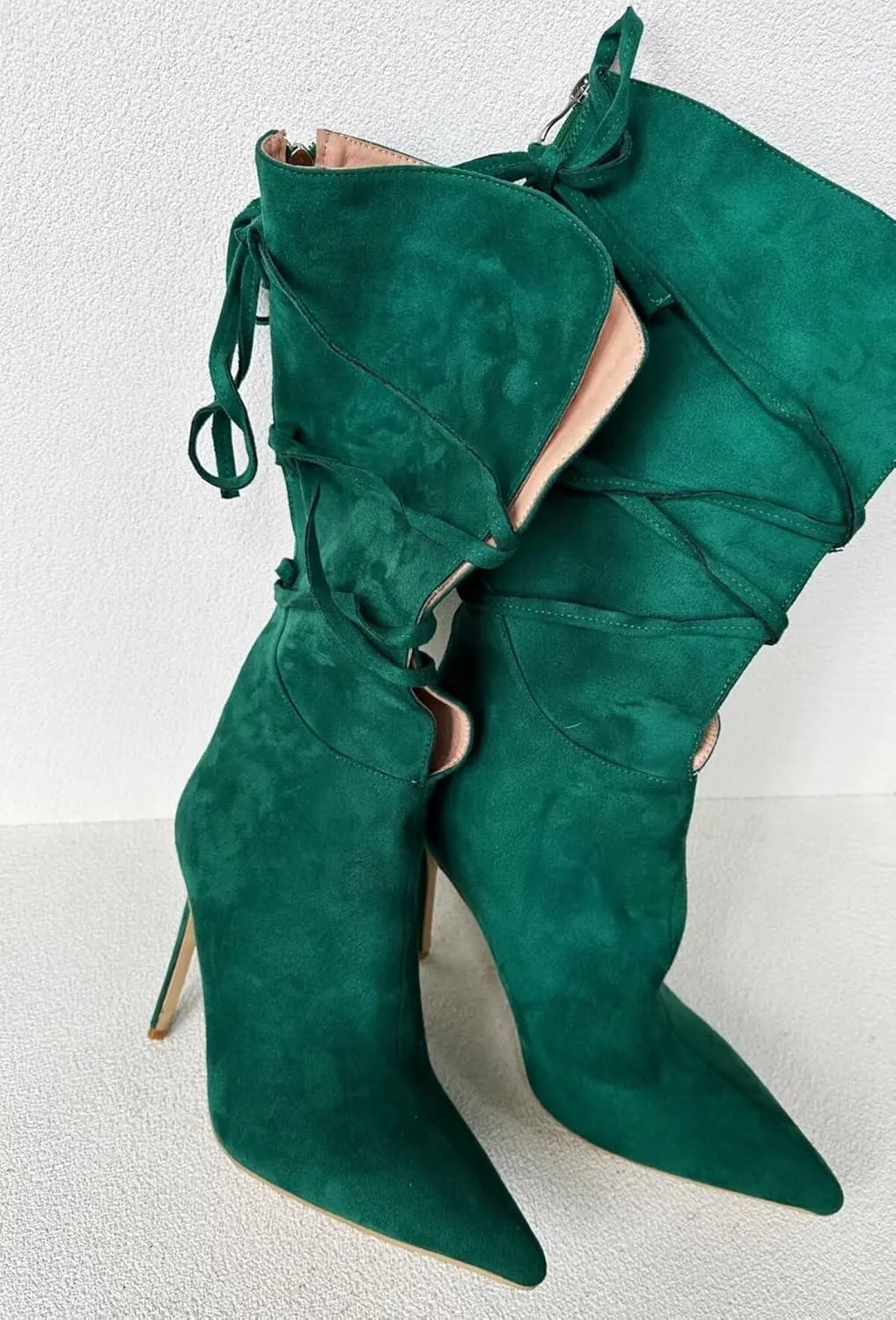 Frankie Hsu Green Suede Calf High Boots High Heeled Stiletto Fashion Classic Casual Ribbon Cross Strap Lace Up Wide Calf Big Large Size Mid Tall Long Boot For Women Men