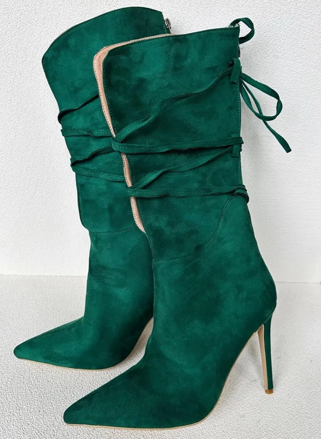 Frankie Hsu Green Suede Calf High Boots High Heeled Stiletto Fashion Classic Casual Ribbon Cross Strap Lace Up Wide Calf Big Large Size Mid Tall Long Boot For Women Men