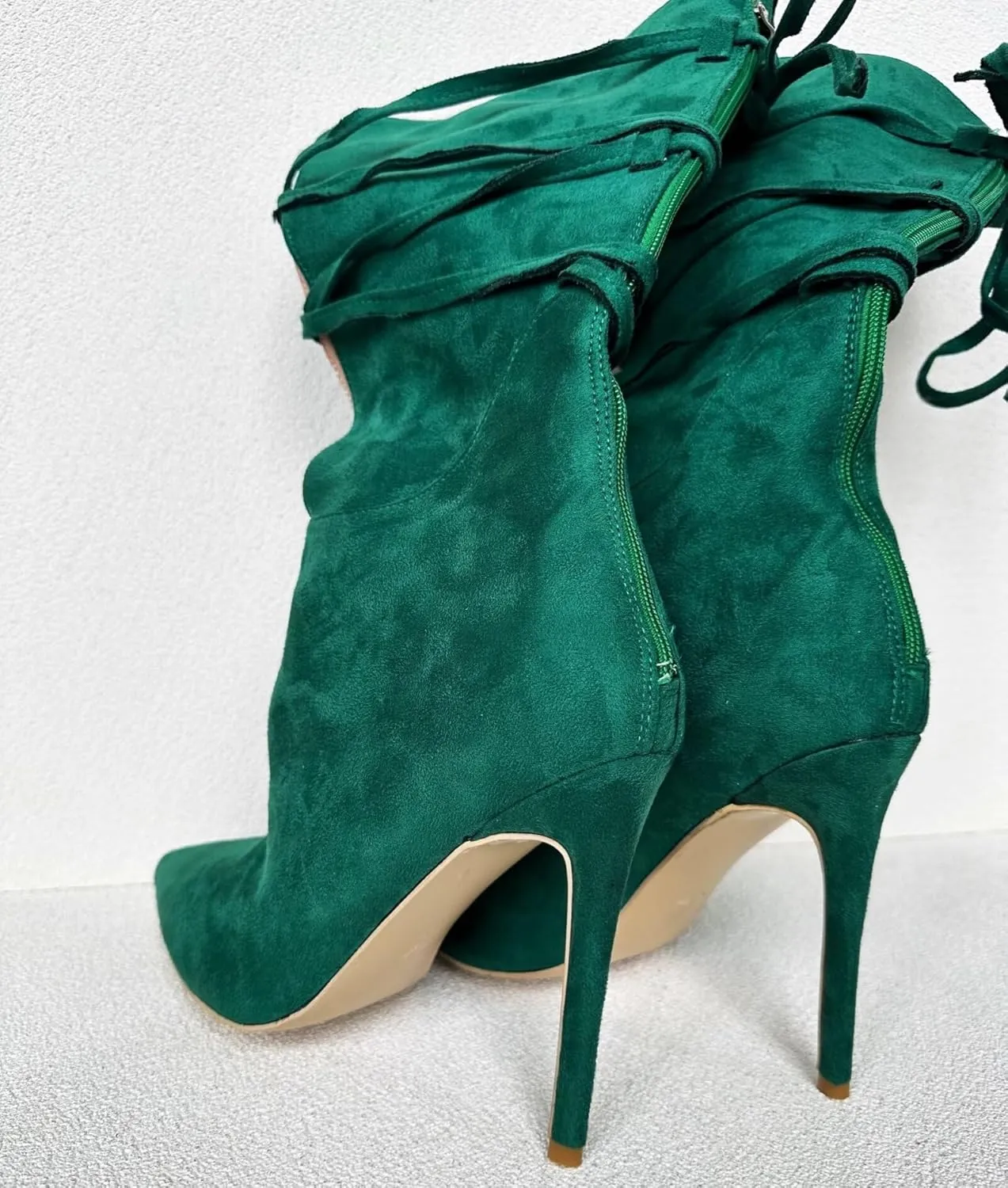 Frankie Hsu Green Suede Calf High Boots High Heeled Stiletto Fashion Classic Casual Ribbon Cross Strap Lace Up Wide Calf Big Large Size Mid Tall Long Boot For Women Men