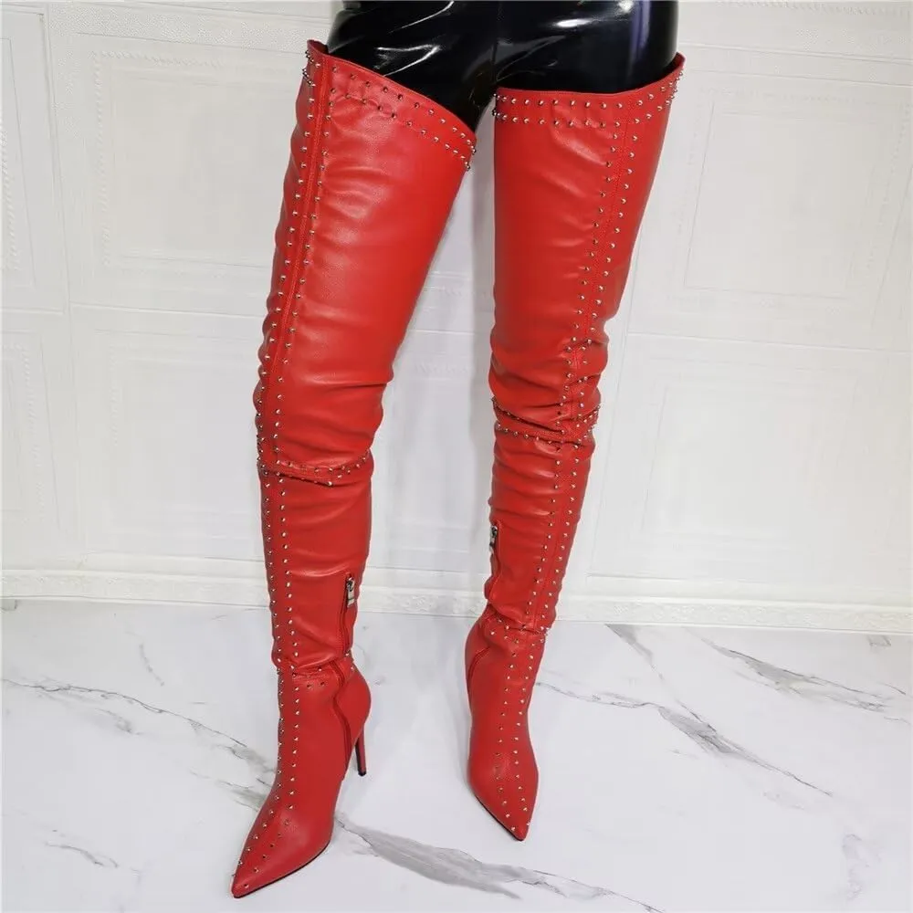 Frankie Hsu Punk Stiletto Over Knee Boots, Red Leather Silver Rivets Thigh Style, Fashion Designer Tight High Thin Heeled Big Size US4-14 Long Tall Shoes For Women Men
