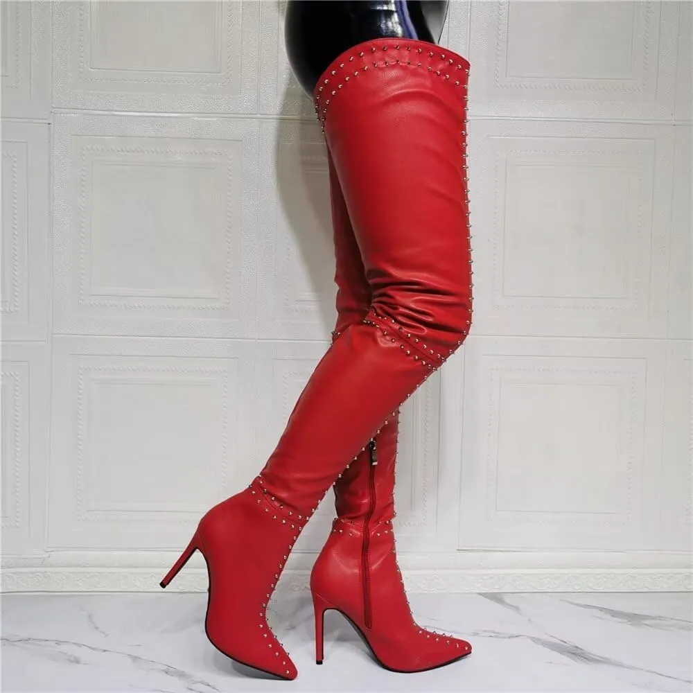 Frankie Hsu Punk Stiletto Over Knee Boots, Red Leather Silver Rivets Thigh Style, Fashion Designer Tight High Thin Heeled Big Size US4-14 Long Tall Shoes For Women Men
