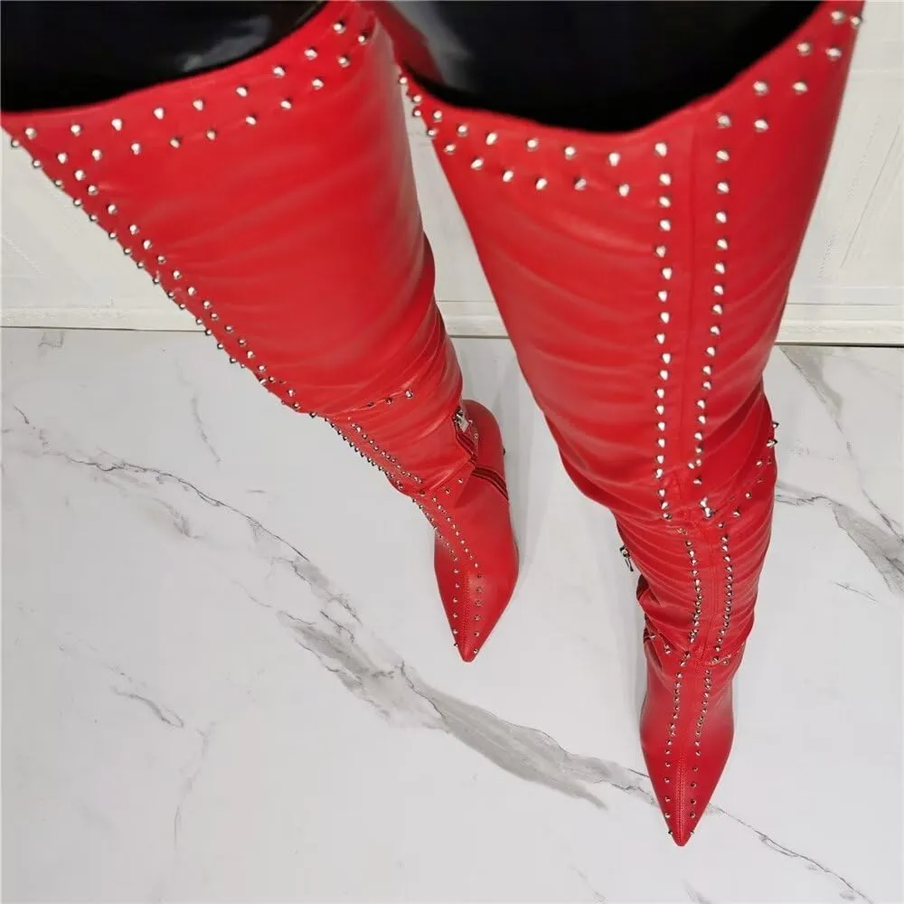 Frankie Hsu Punk Stiletto Over Knee Boots, Red Leather Silver Rivets Thigh Style, Fashion Designer Tight High Thin Heeled Big Size US4-14 Long Tall Shoes For Women Men