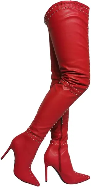 Frankie Hsu Punk Stiletto Over Knee Boots, Red Leather Silver Rivets Thigh Style, Fashion Designer Tight High Thin Heeled Big Size US4-14 Long Tall Shoes For Women Men