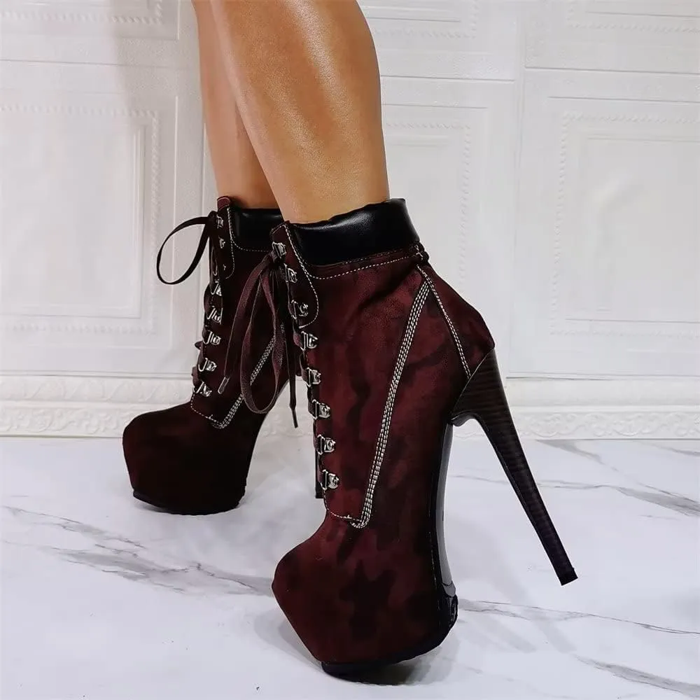 Frankie Hsu Sexy Stiletto Platform High Heeled Bootie, Classic Camo Red Burgundy Suede Fashion Modern Chill Boot, Big Size Designer Short Shoes For Women Men