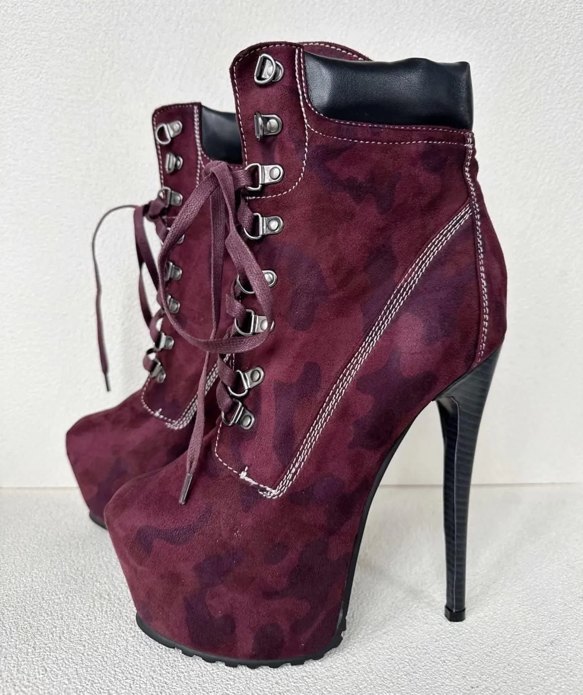 Frankie Hsu Sexy Stiletto Platform High Heeled Bootie, Classic Camo Red Burgundy Suede Fashion Modern Chill Boot, Big Size Designer Short Shoes For Women Men