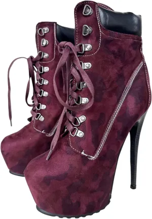 Frankie Hsu Sexy Stiletto Platform High Heeled Bootie, Classic Camo Red Burgundy Suede Fashion Modern Chill Boot, Big Size Designer Short Shoes For Women Men