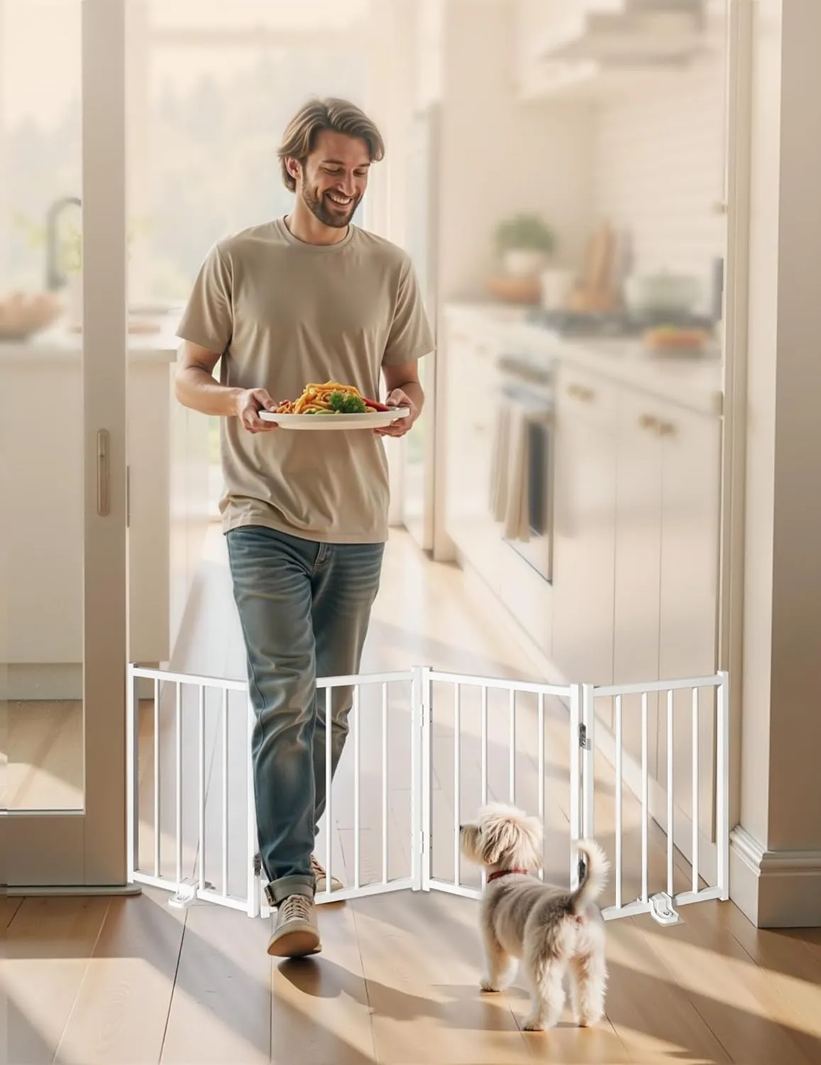 Free Standing Foldable Dog Gate, 16.5" High Step-Over Metal Short Pet Gate, Up to 48" Wide Puppy Fence for Stairs and Doorways, Indoor & Outdoor Use, No Drilling and No Assembly, White