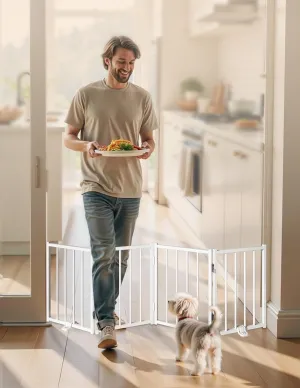 Free Standing Foldable Dog Gate, 16.5" High Step-Over Metal Short Pet Gate, Up to 48" Wide Puppy Fence for Stairs and Doorways, Indoor & Outdoor Use, No Drilling and No Assembly, White