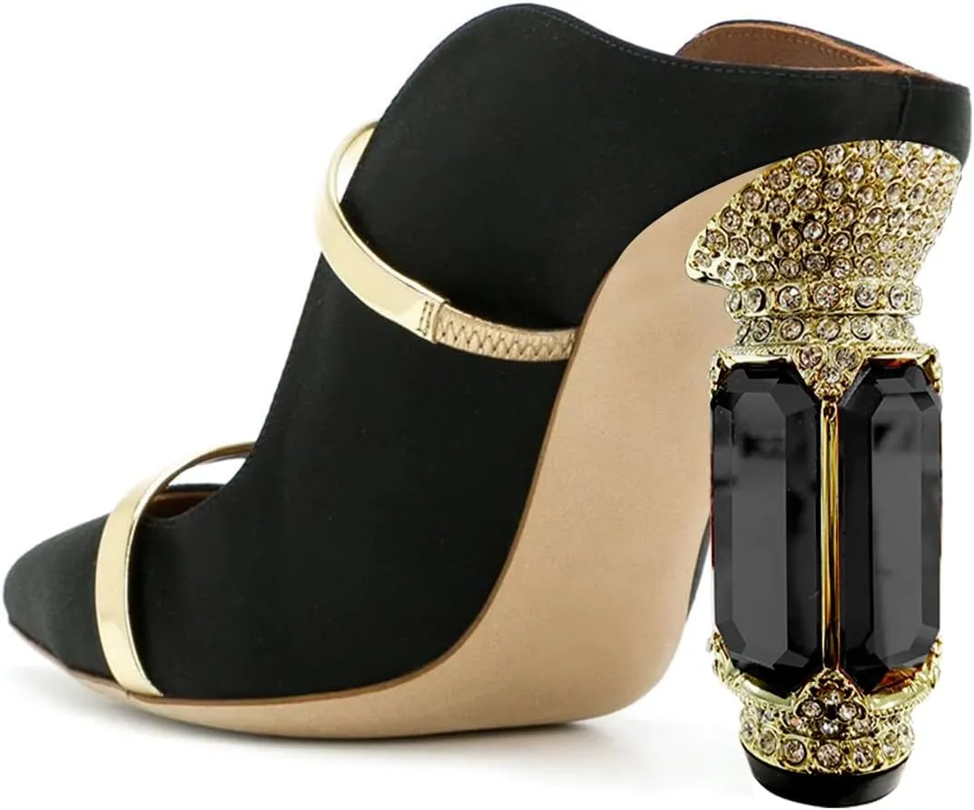 FSJ Women Pointed Toe Mules Chunky High Heels Sandals Pumps Slip On Two Strap Chic Crystal Block Heels Backless Casual Dressy Shoes Size 4-16 US