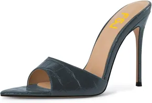 FSJ Women Sexy Open Pointed Toe Stiletto Heel Sandals Embossed Wide Strap Slip On Casual Summer Walking Dress Mules Shoes Size 4-15 US