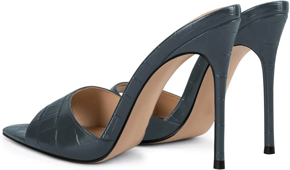 FSJ Women Sexy Open Pointed Toe Stiletto Heel Sandals Embossed Wide Strap Slip On Casual Summer Walking Dress Mules Shoes Size 4-15 US