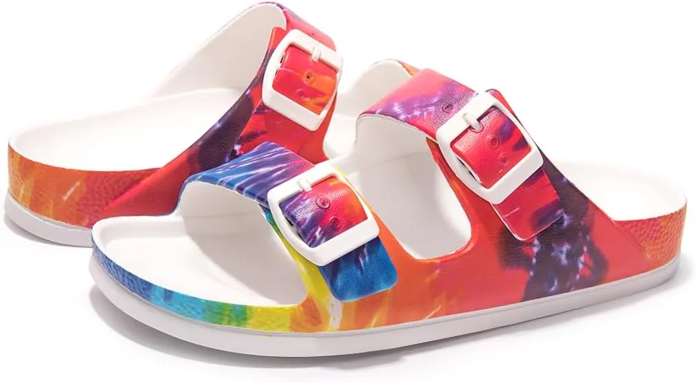 FUNKYMONKEY Women's Comfort Slides Double Buckle Adjustable Plastics Flat Sandals