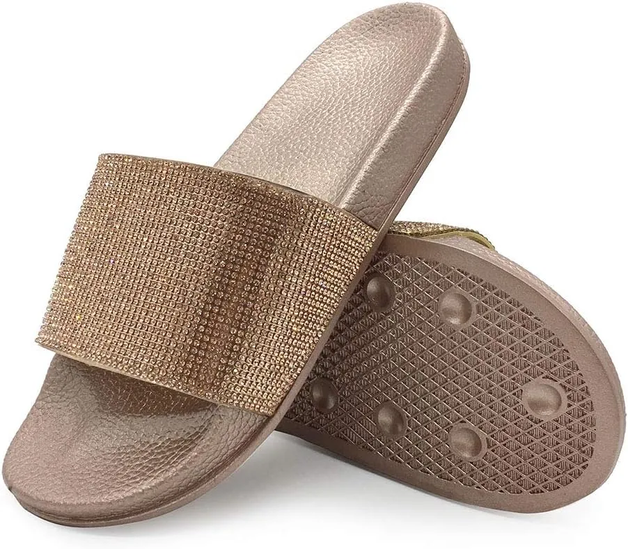 FUNKYMONKEY Women's Slides Rhinestone Glitter Slip On Footbed Platform Sandals