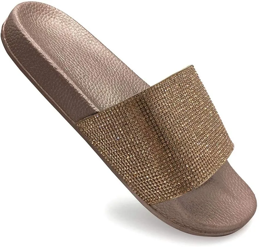 FUNKYMONKEY Women's Slides Rhinestone Glitter Slip On Footbed Platform Sandals