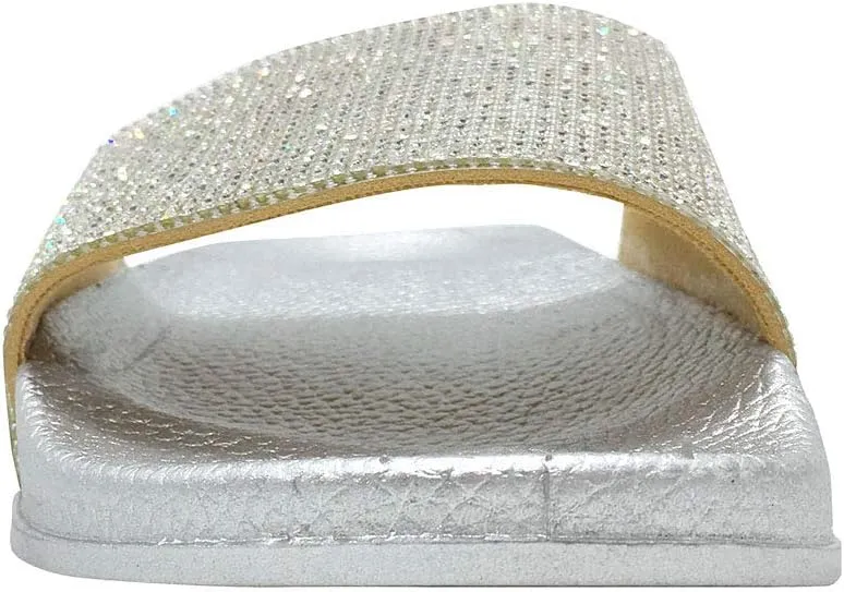 FUNKYMONKEY Women's Slides Rhinestone Glitter Slip On Footbed Platform Sandals