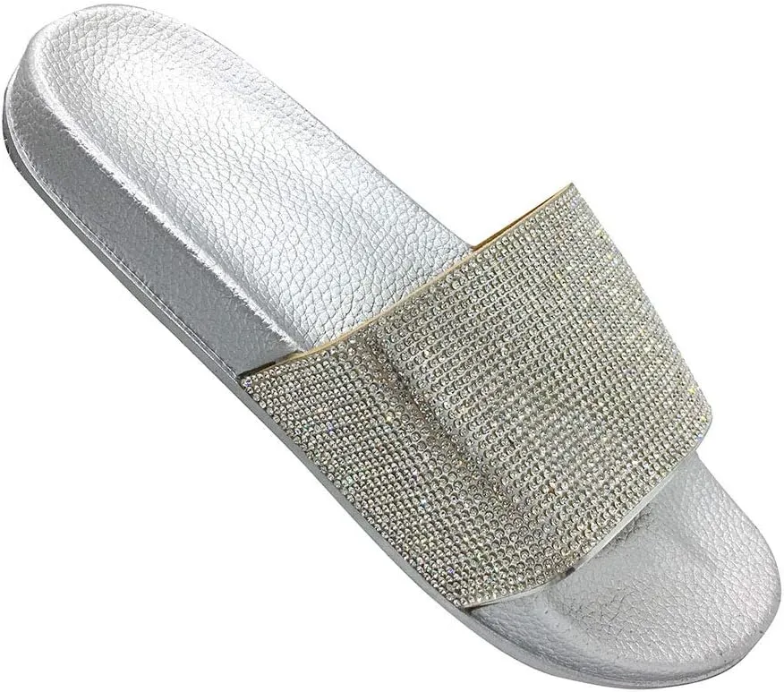FUNKYMONKEY Women's Slides Rhinestone Glitter Slip On Footbed Platform Sandals