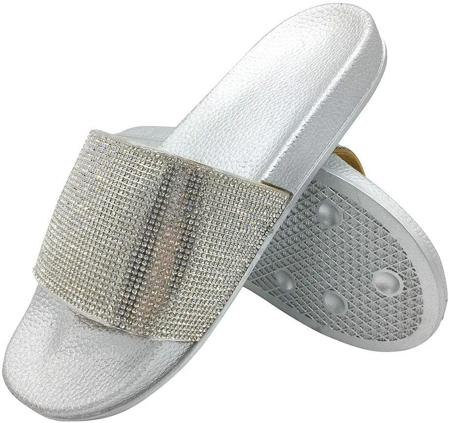 FUNKYMONKEY Women's Slides Rhinestone Glitter Slip On Footbed Platform Sandals