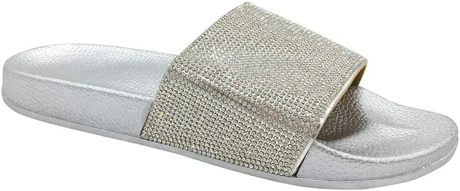 FUNKYMONKEY Women's Slides Rhinestone Glitter Slip On Footbed Platform Sandals