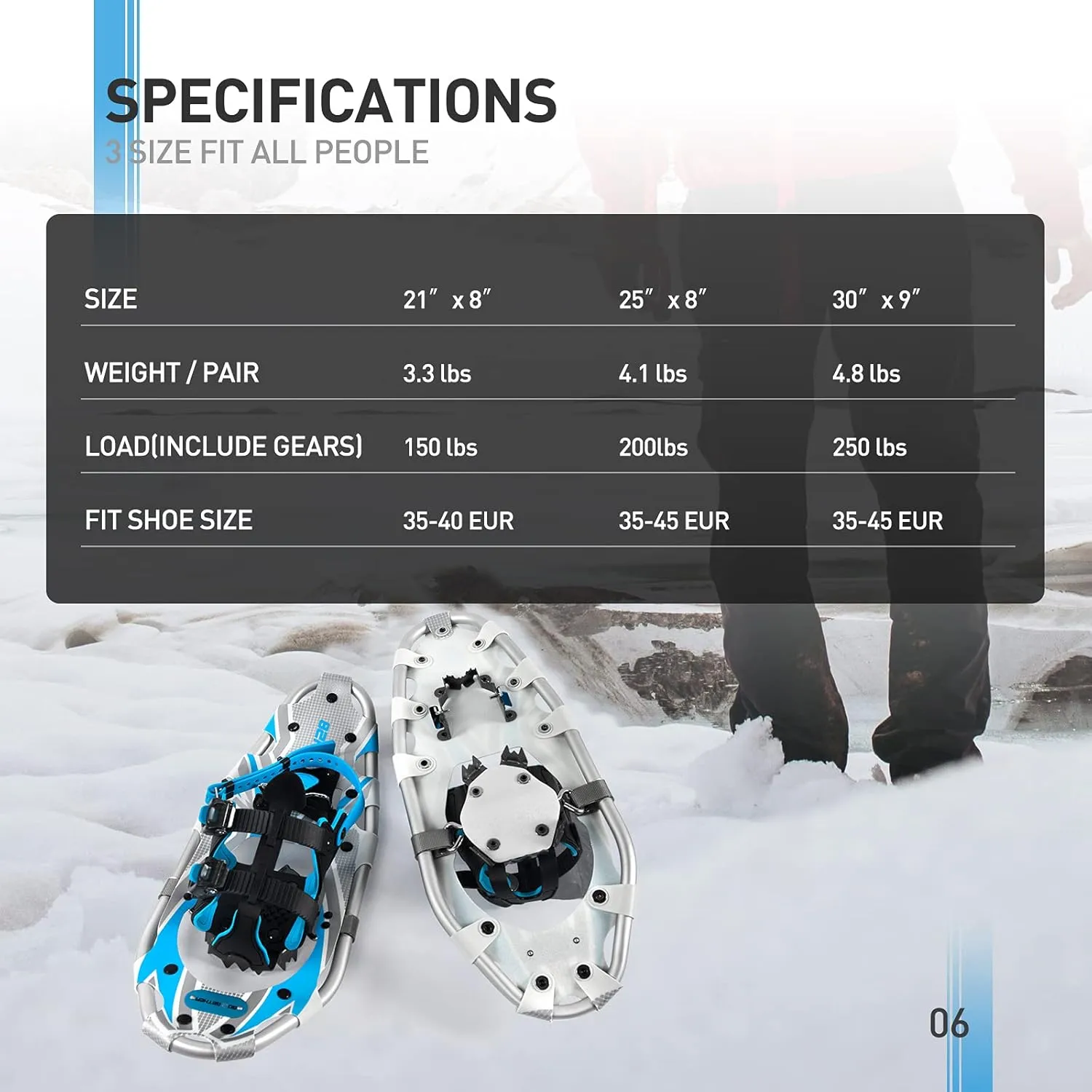 G2 21/25/30/36 Inches Light Weight Snowshoes with Toe Box, EVA Padded Ratchet Binding, Heel Lift, Flexible Pivot Bar, Durable Back Strap, Trekking Poles, Carrying Bag, Snow Baskets(6 colors available)