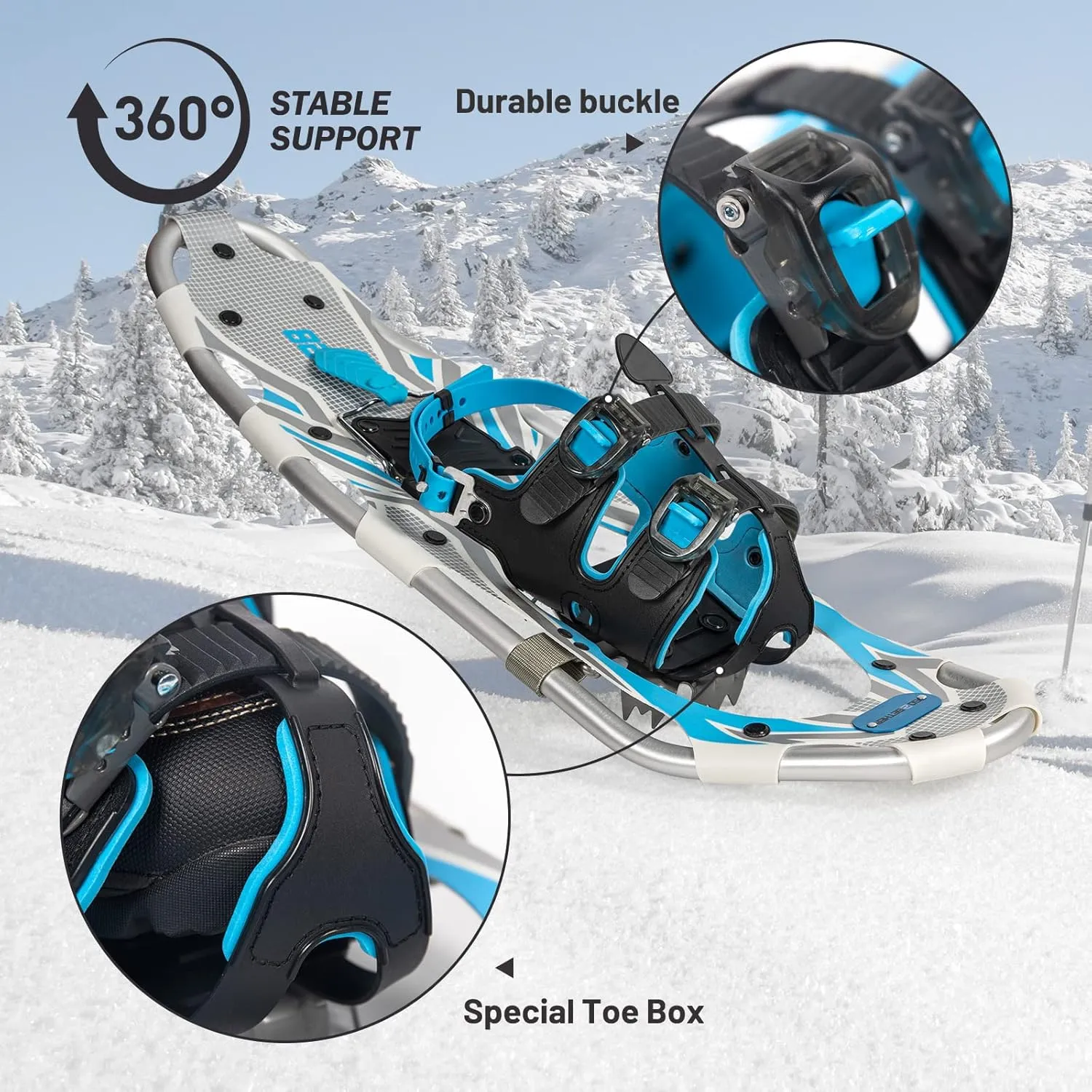 G2 21/25/30/36 Inches Light Weight Snowshoes with Toe Box, EVA Padded Ratchet Binding, Heel Lift, Flexible Pivot Bar, Durable Back Strap, Trekking Poles, Carrying Bag, Snow Baskets(6 colors available)