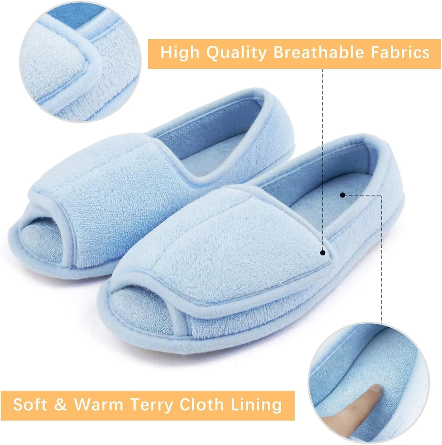 Git-up Diabetic Slippers for Women Memory Foam Arthritis Edema Adjustable Open Toe Swollen Feet Slippers Bedroom House Indoor Outdoor Shoes with Rubber Sole