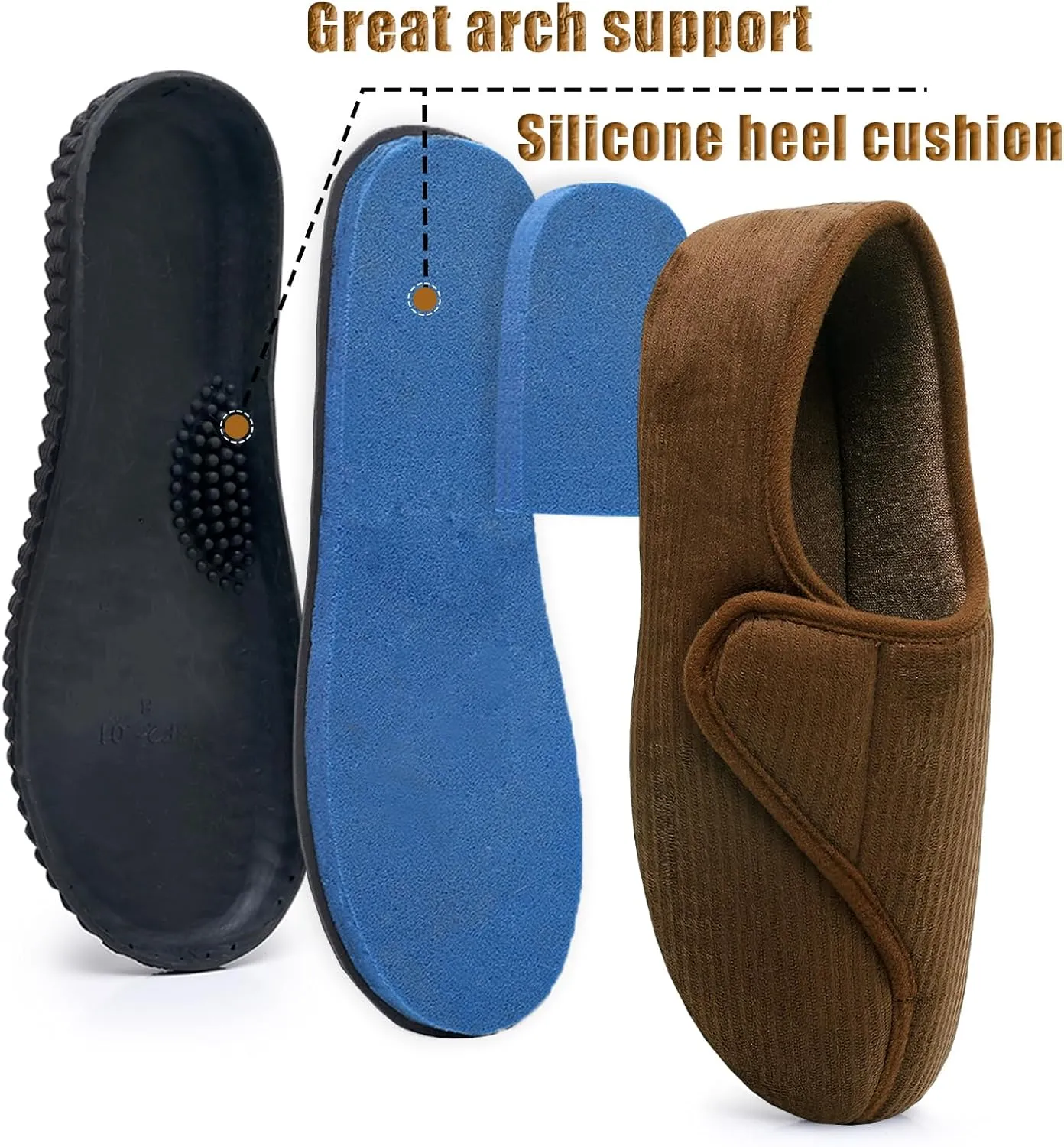Git-up Men Memory Foam Diabetic Slippers Adjustable Arthritis Edema Swollen Feet Wide House Shoes Comfy Soft Non-Slip Plus Size Indoor Outdoor Slipper