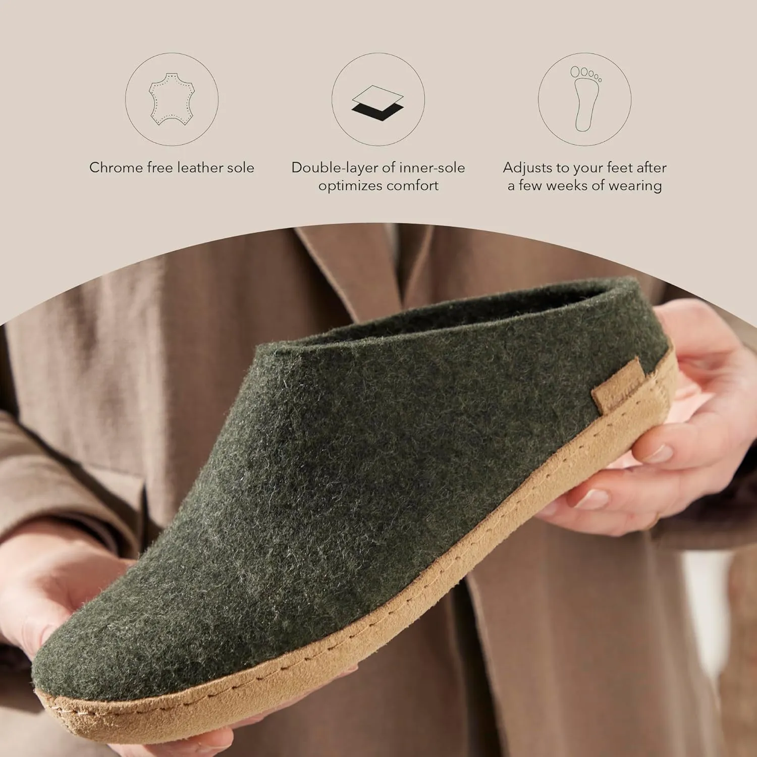 Glerups 100% Gotland Sheep Wool Slipper with leather sole - Unisex Slip-on