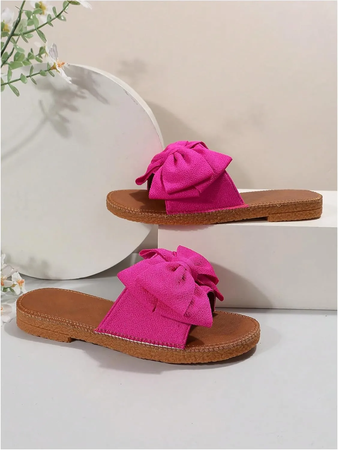 GORGLITTER Women's Bow Knot Flat Sandals Open Toe Slip On Slide Slipper Single Band Flats