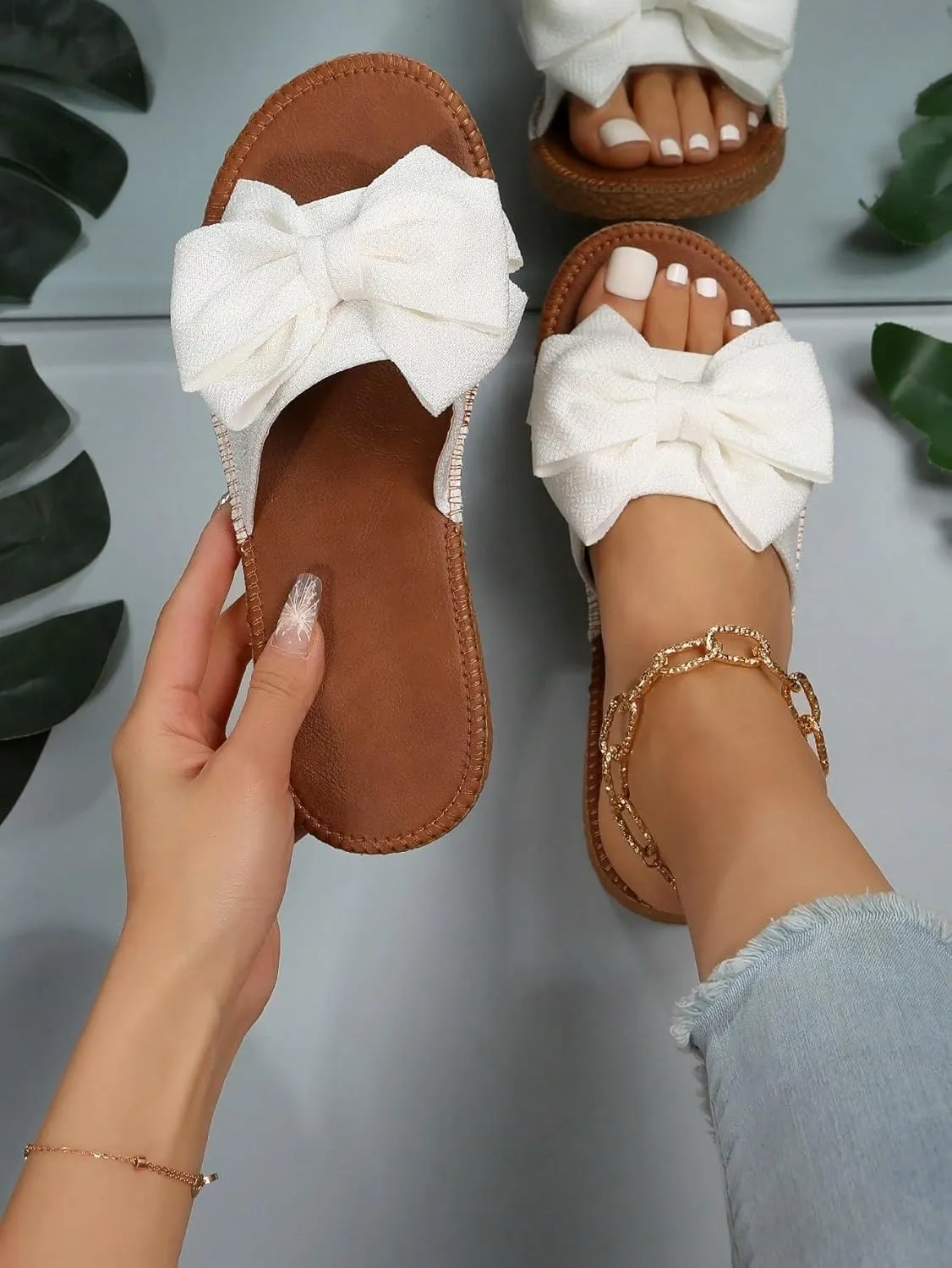 GORGLITTER Women's Bow Knot Flat Sandals Open Toe Slip On Slide Slipper Single Band Flats