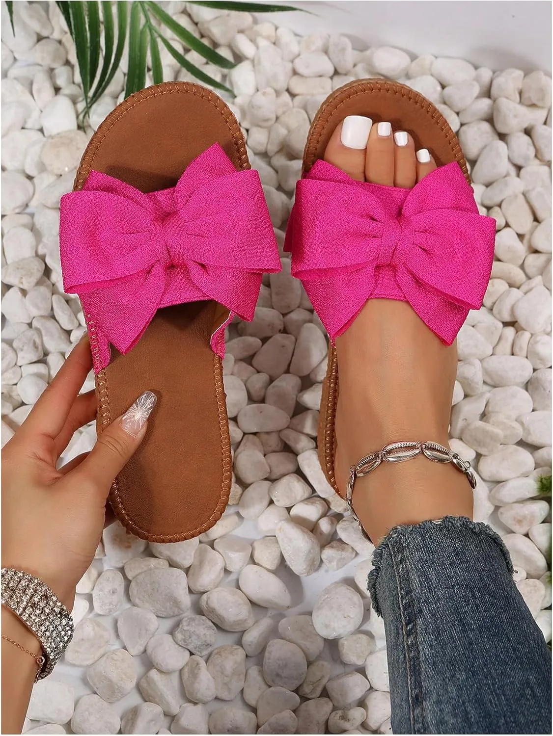 GORGLITTER Women's Bow Knot Flat Sandals Open Toe Slip On Slide Slipper Single Band Flats