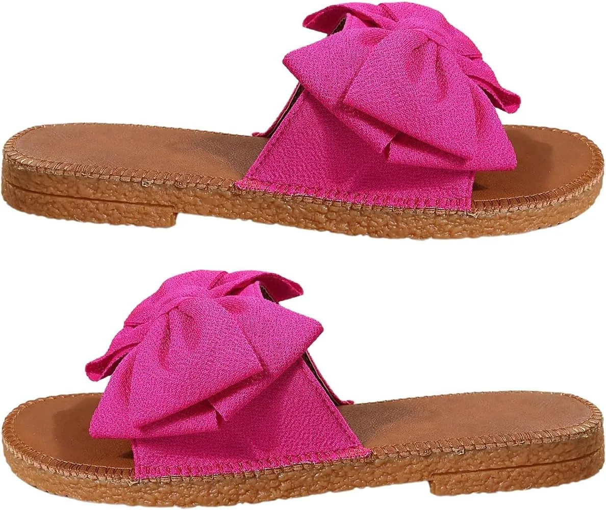 GORGLITTER Women's Bow Knot Flat Sandals Open Toe Slip On Slide Slipper Single Band Flats