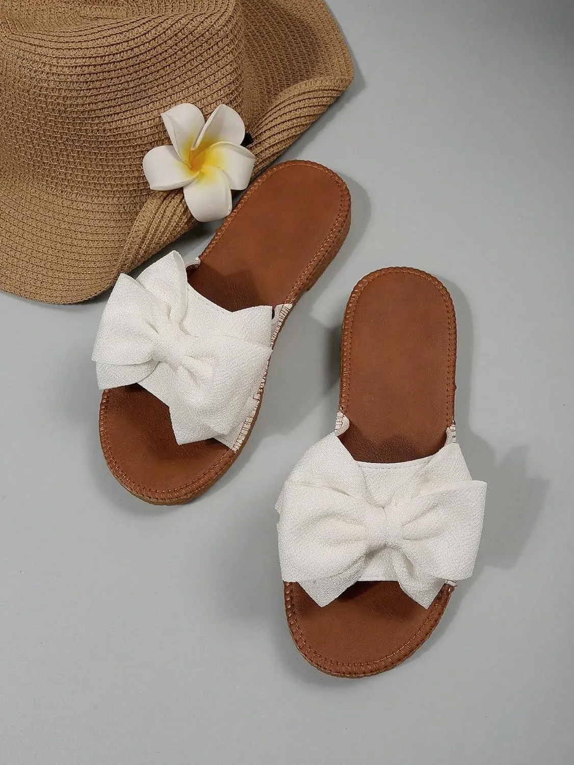 GORGLITTER Women's Bow Knot Flat Sandals Open Toe Slip On Slide Slipper Single Band Flats