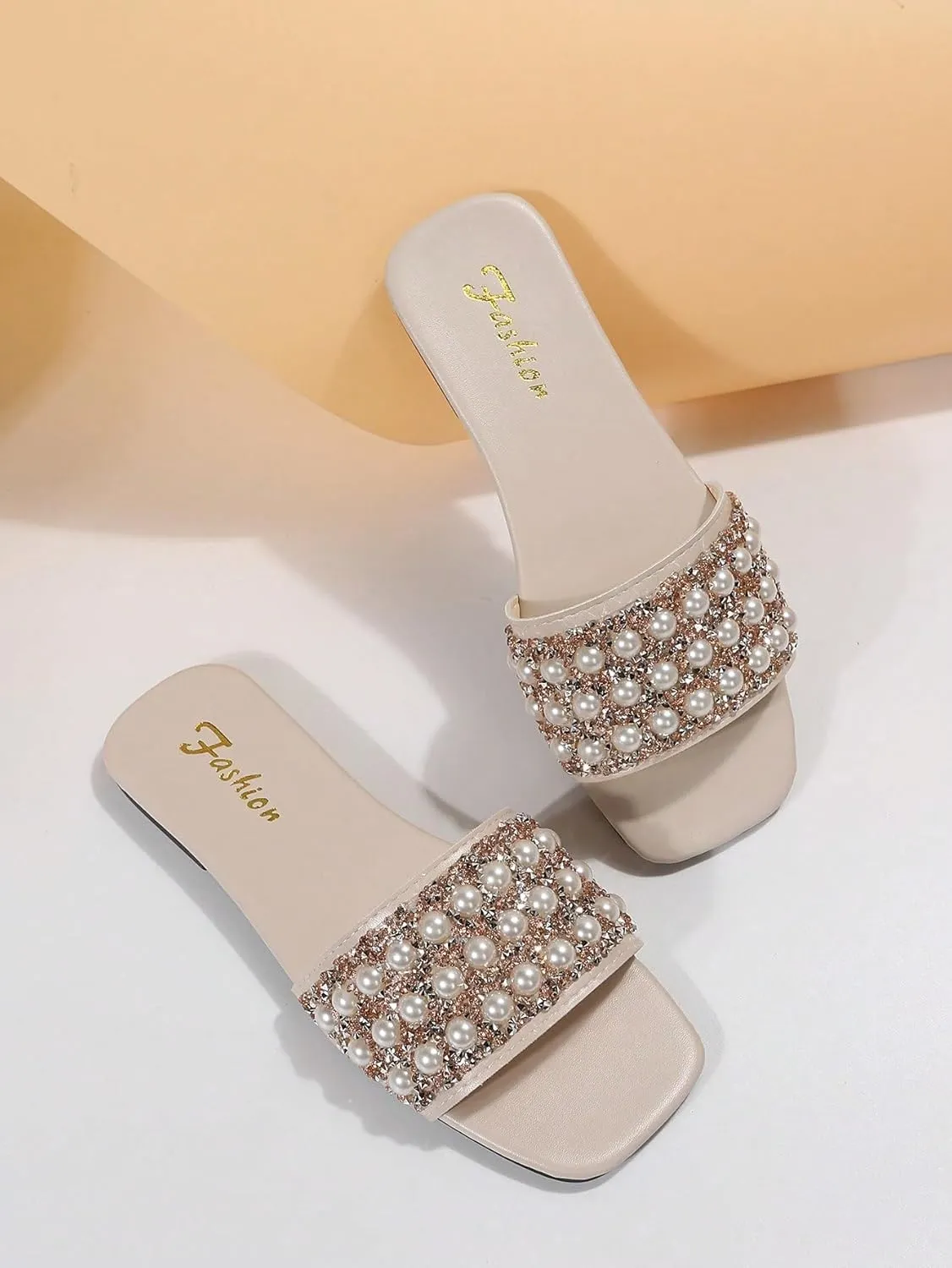 GORGLITTER Women's Pearl Sandals Leather Square Open Toe Slip On Dressy Wedding Flat Sandals