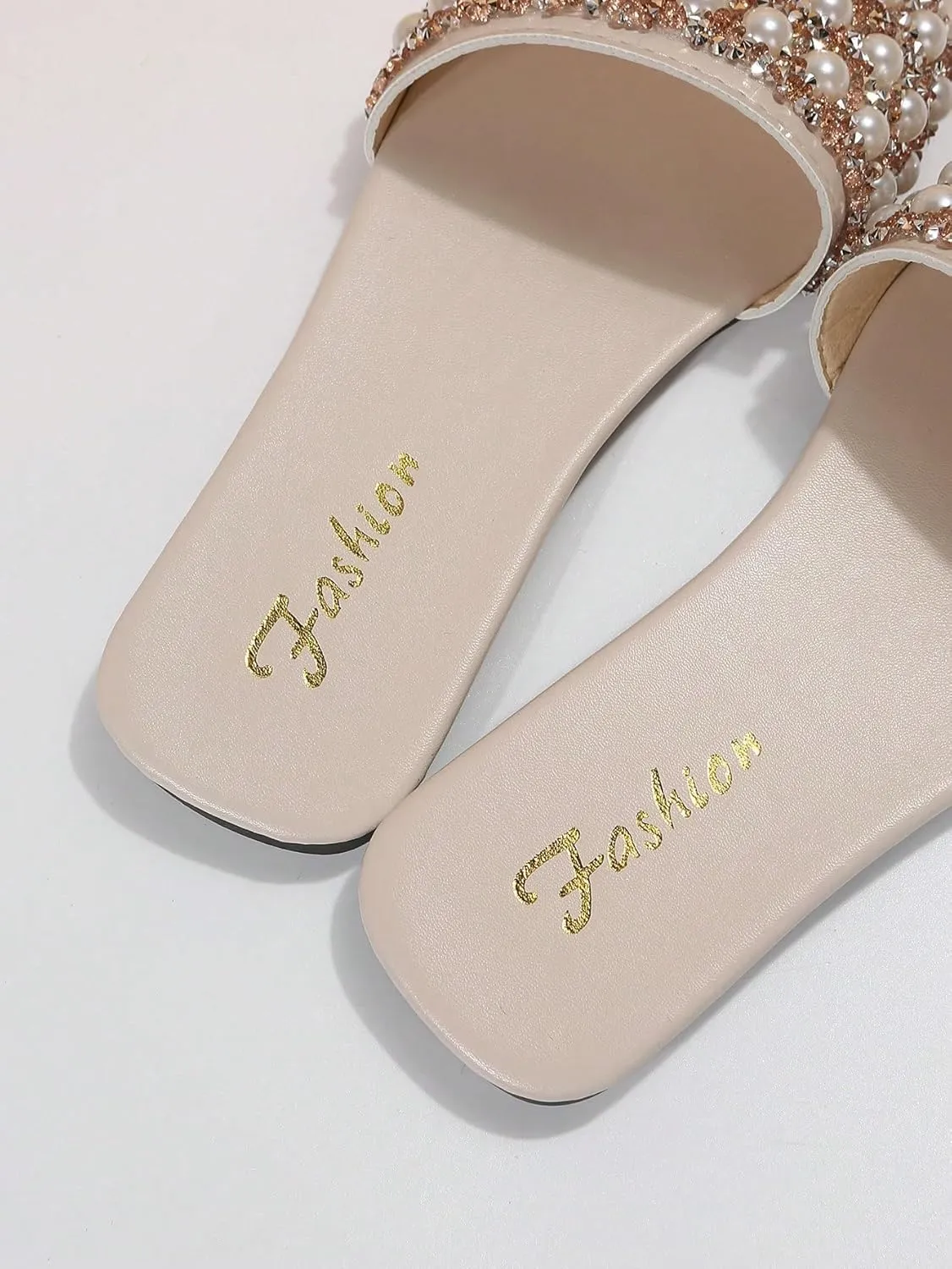 GORGLITTER Women's Pearl Sandals Leather Square Open Toe Slip On Dressy Wedding Flat Sandals