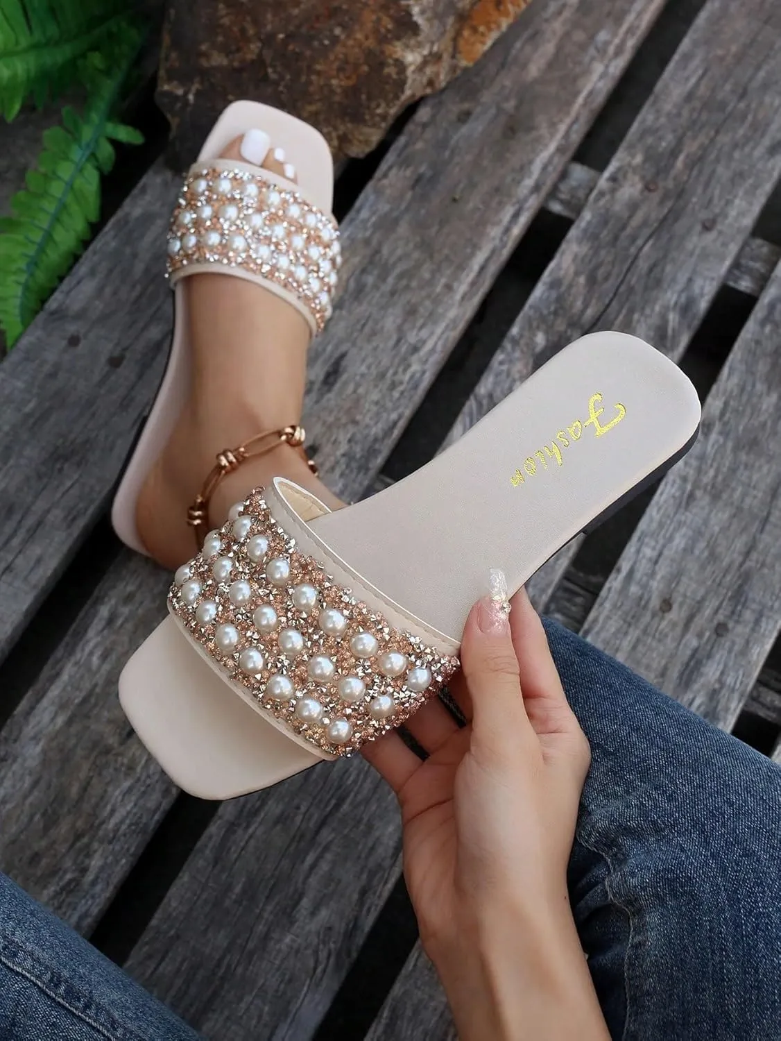 GORGLITTER Women's Pearl Sandals Leather Square Open Toe Slip On Dressy Wedding Flat Sandals