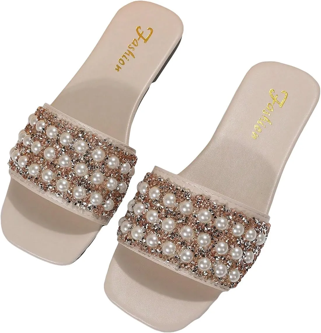 GORGLITTER Women's Pearl Sandals Leather Square Open Toe Slip On Dressy Wedding Flat Sandals