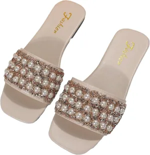 GORGLITTER Women's Pearl Sandals Leather Square Open Toe Slip On Dressy Wedding Flat Sandals