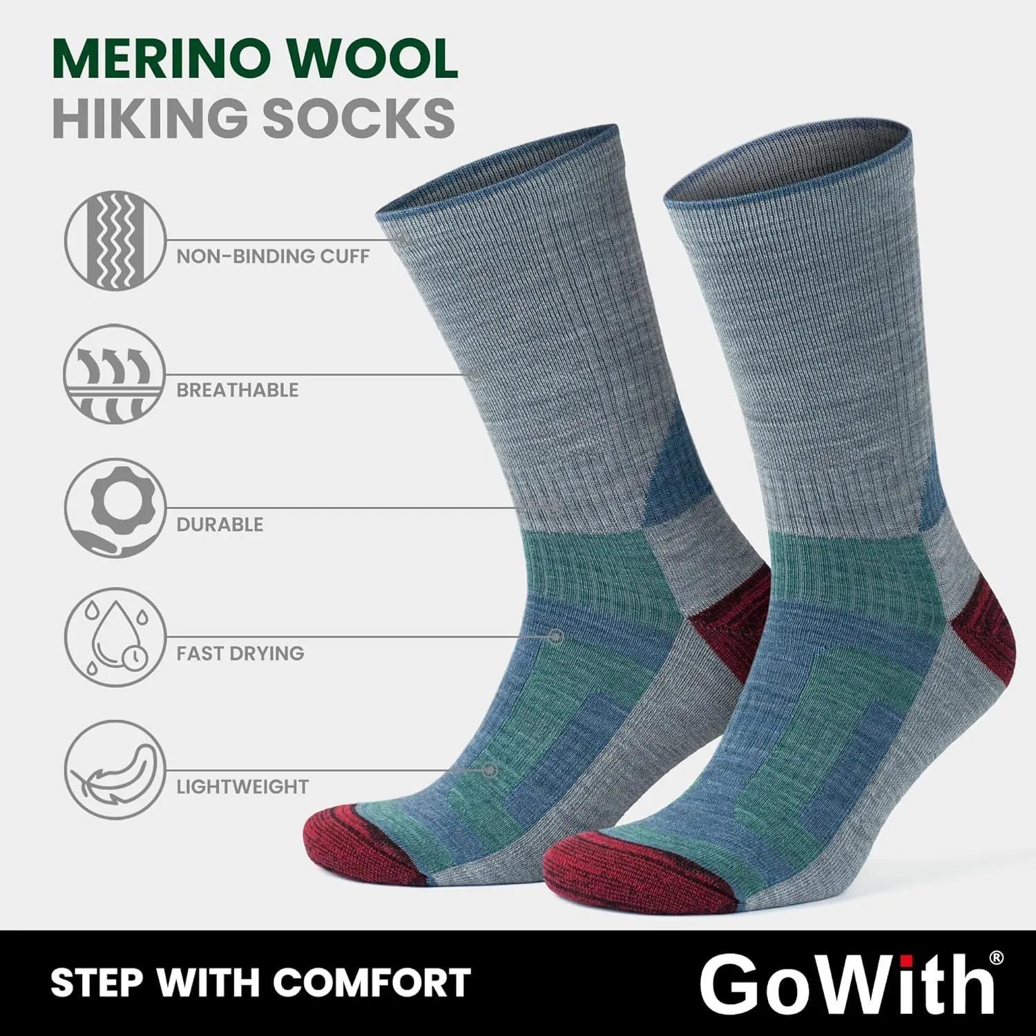 GoWith Merino Wool Lightweight Hiking Socks for Men & Women, Sole Cushioned Seamless Thermal Outdoor Boot Crew Socks