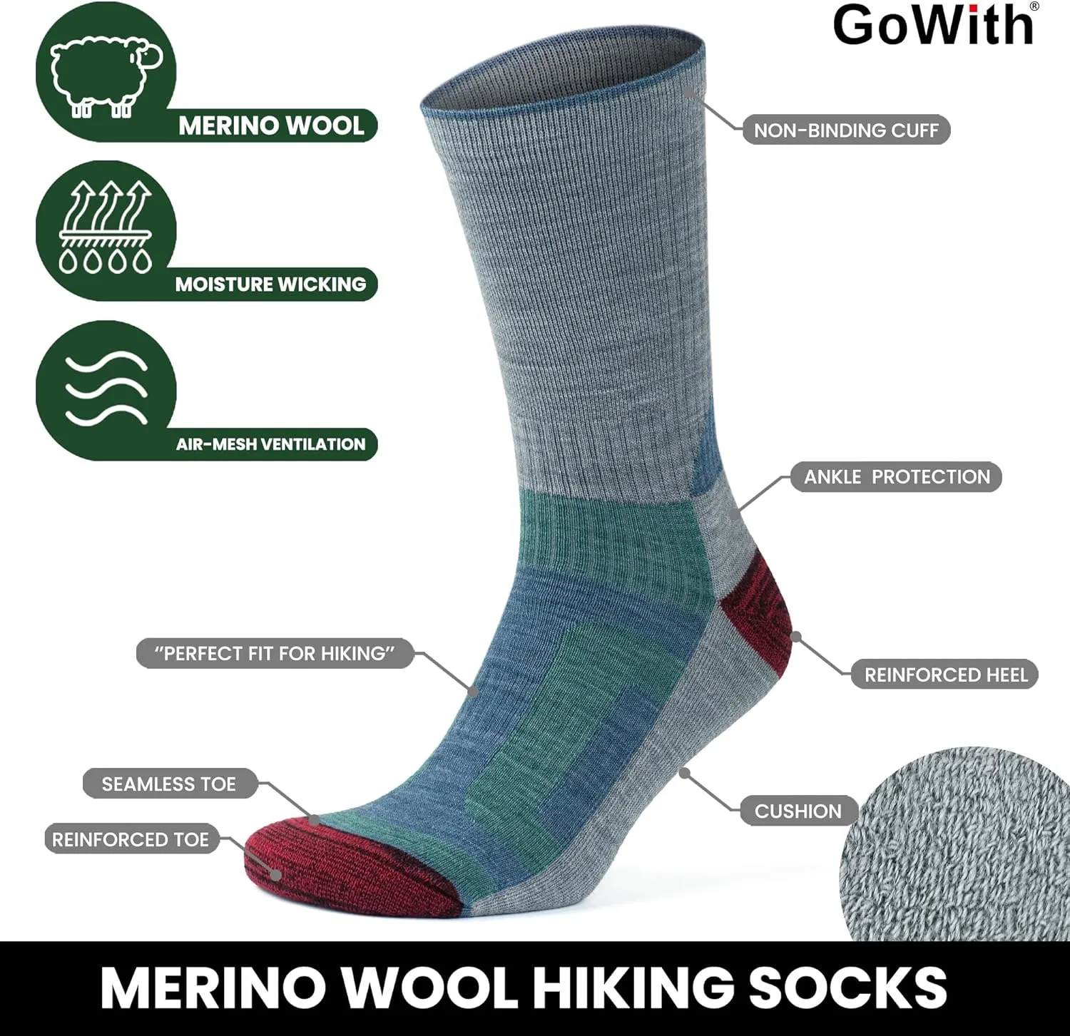 GoWith Merino Wool Lightweight Hiking Socks for Men & Women, Sole Cushioned Seamless Thermal Outdoor Boot Crew Socks