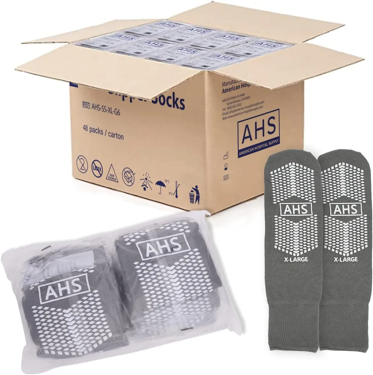 Grip Socks | X-Large Dual Treaded Hospital Socks with Elastic Cuff Grip Socks for Women and Men Slipper Socks | Gray Non Skid Socks Case of 48 Pairs