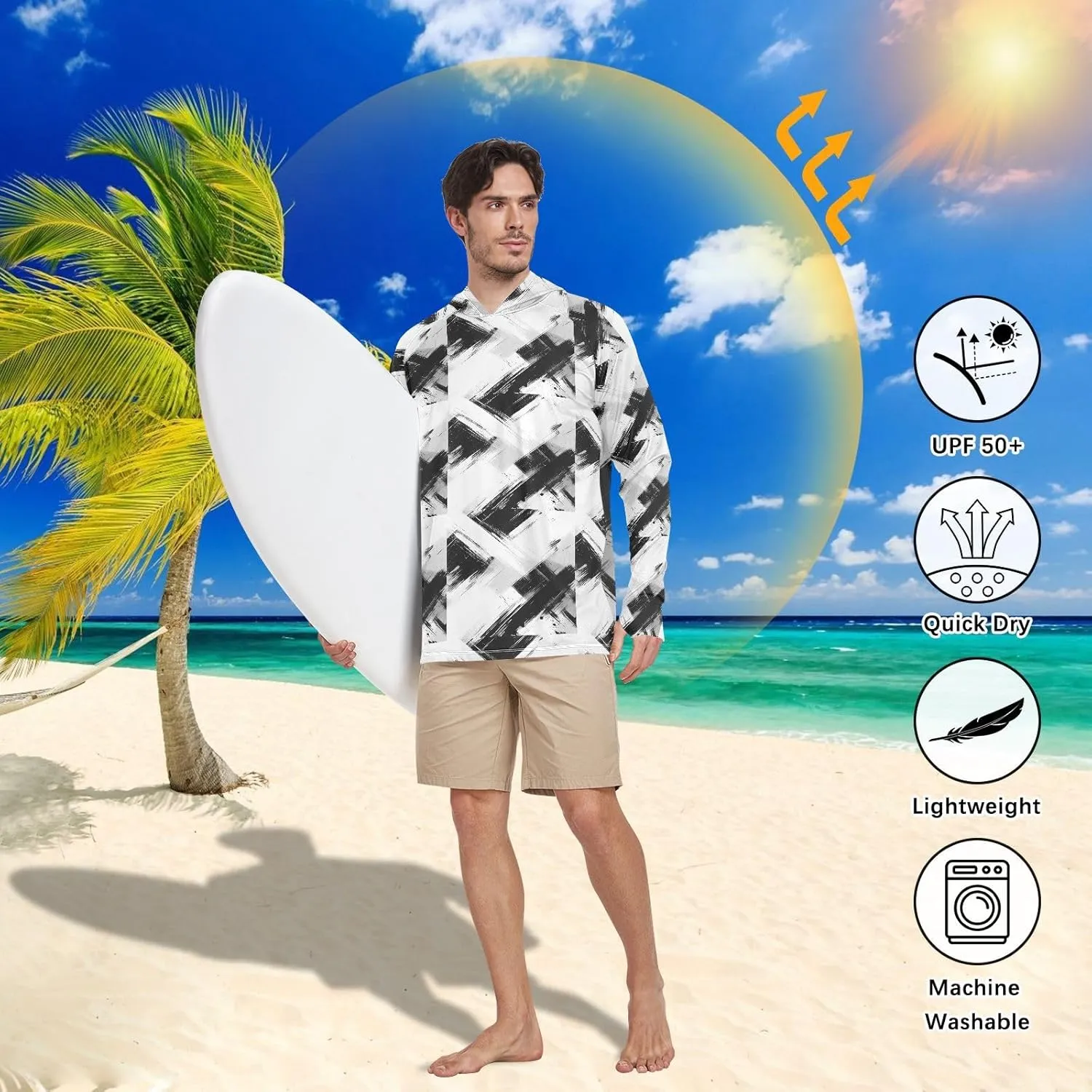 Grunge Mens Sun Protection Hoodie Long Sleeve UPF 50   Mens Sun Shirts Beach Hoodies UV Rash Guard Hooded