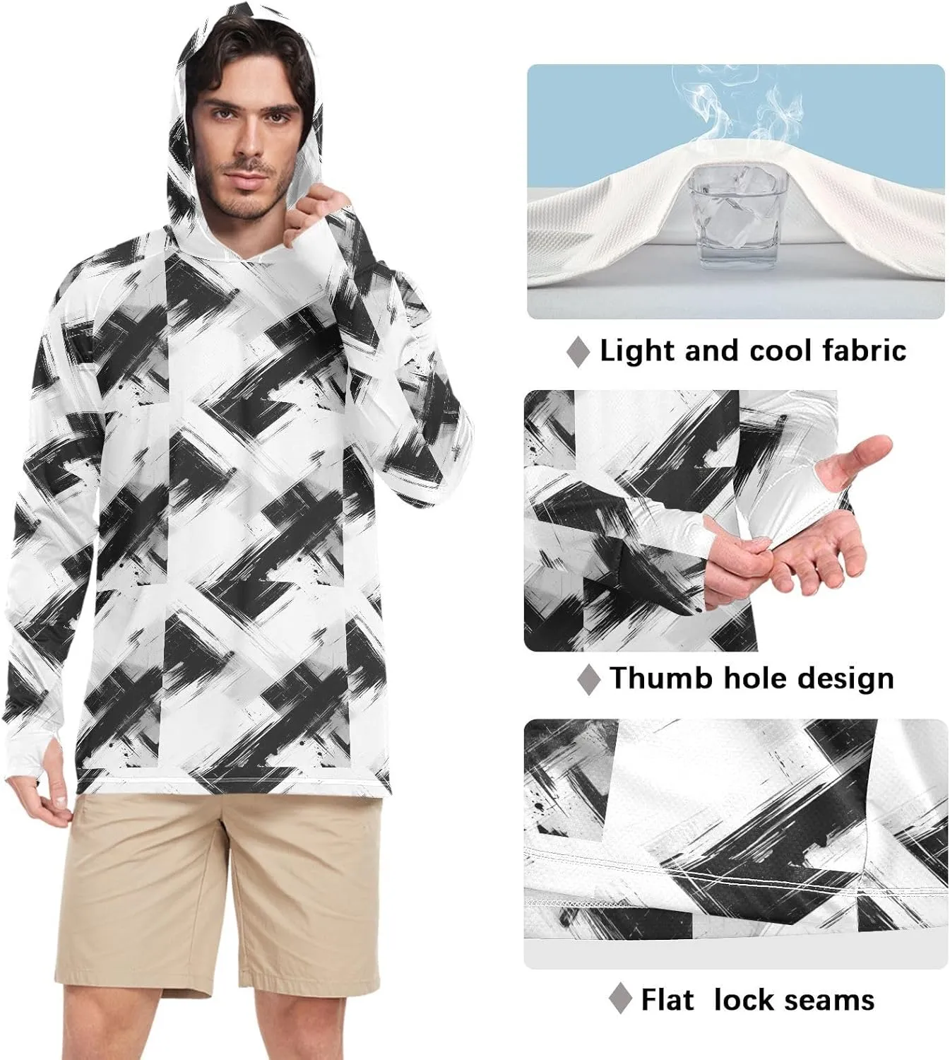 Grunge Mens Sun Protection Hoodie Long Sleeve UPF 50   Mens Sun Shirts Beach Hoodies UV Rash Guard Hooded