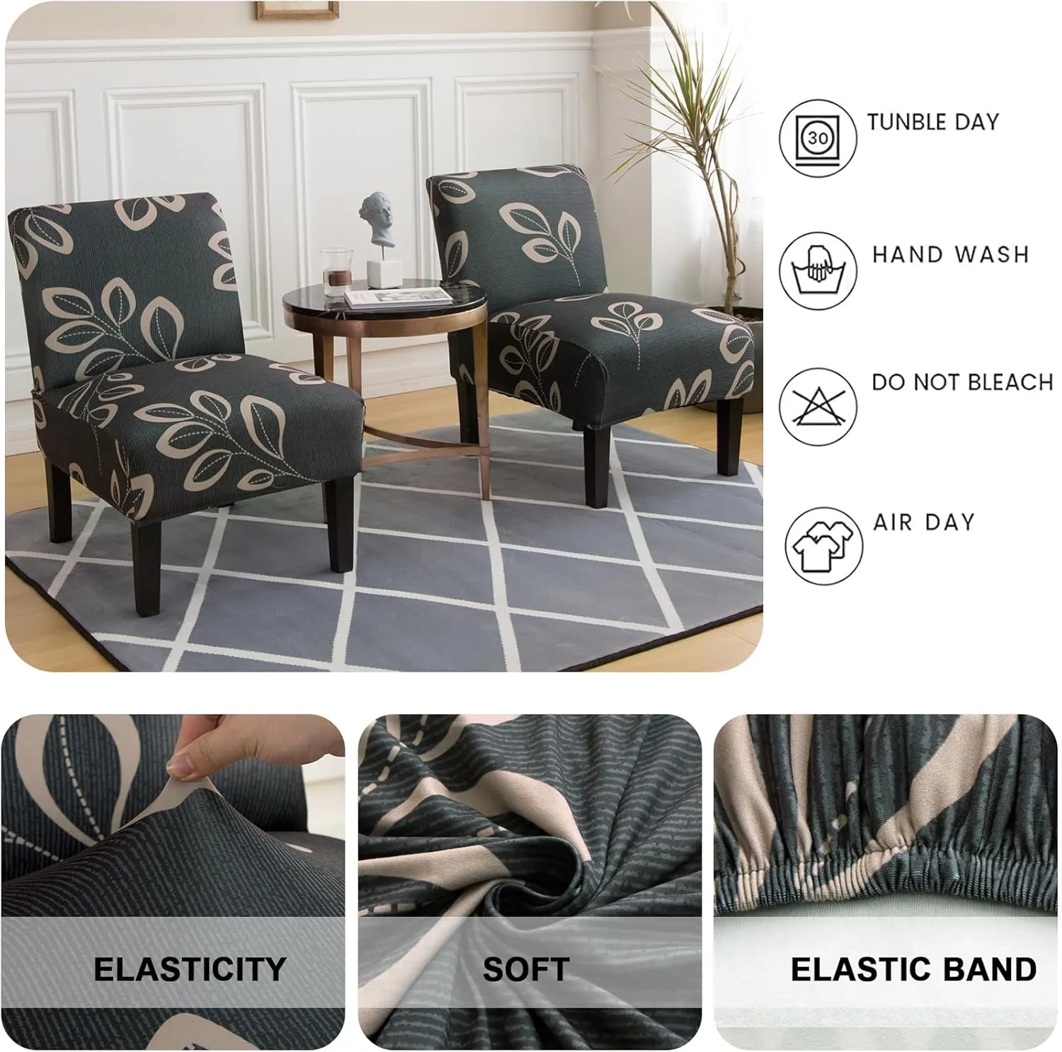 HAOYONG Armless Accent Chair Cover, Stretch Chair Slipcover Printed Slipper Chair Covers Furniture Protector Covers for Living Dining Room Hotel