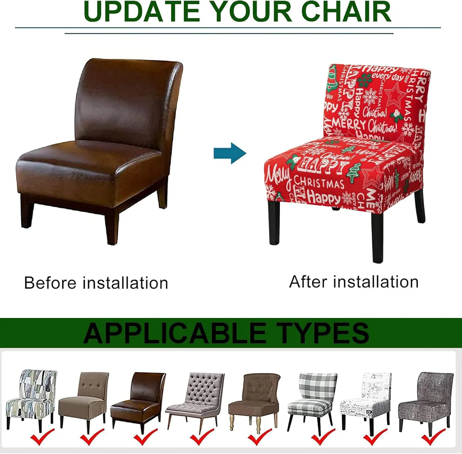 HAOYONG Christmas Armless Accent Chair Cover, Stretch Chair Slipcover Soft Slipper Chair Covers Furniture Protector Covers for Living Dining Room Hotel