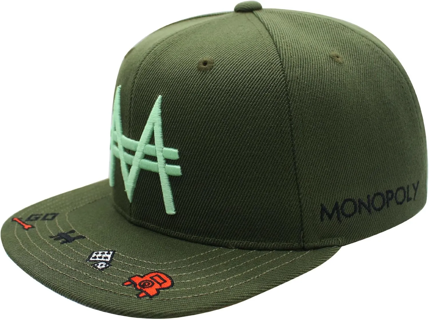 Hasbro Monopoly Baseball Cap, Adult Snapback Hat with Flat Brim, Olive Green