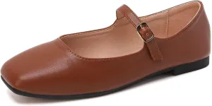 Hee grand Leather Mary Jane Shoes for Women Dressy Square Toe Ballet Flats with Strap Comfortable Walking Shoes Soft Leather Dress Shoes
