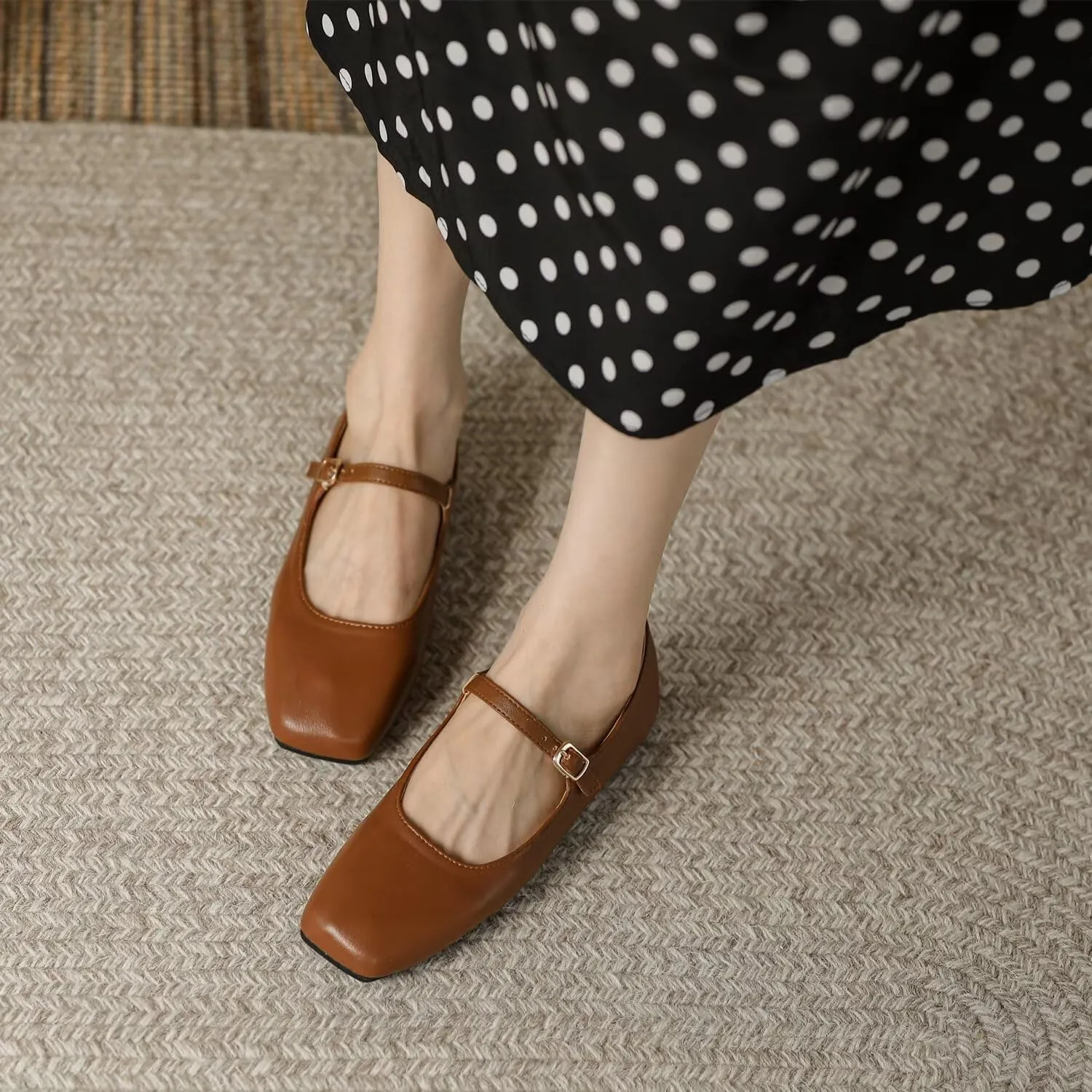 Hee grand Leather Mary Jane Shoes for Women Dressy Square Toe Ballet Flats with Strap Comfortable Walking Shoes Soft Leather Dress Shoes