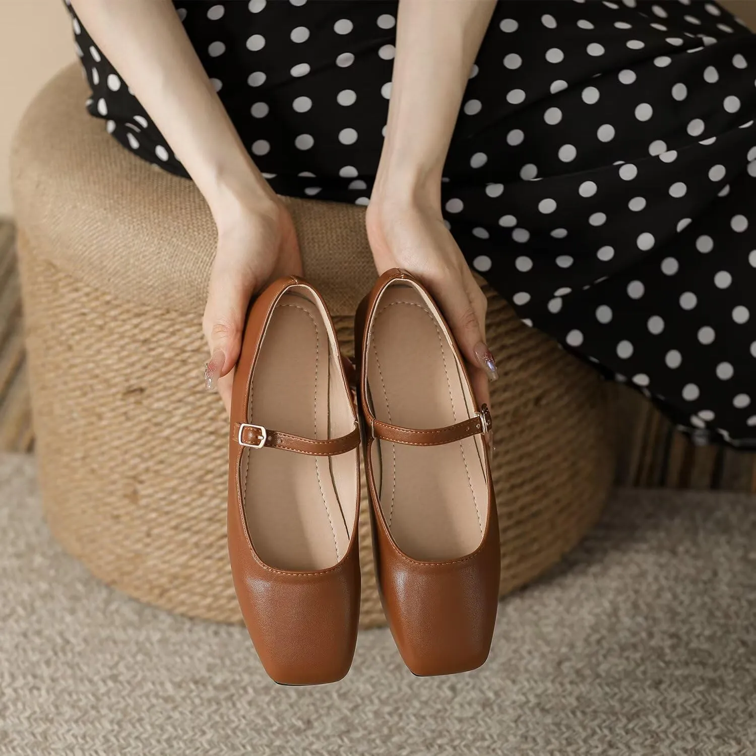 Hee grand Leather Mary Jane Shoes for Women Dressy Square Toe Ballet Flats with Strap Comfortable Walking Shoes Soft Leather Dress Shoes