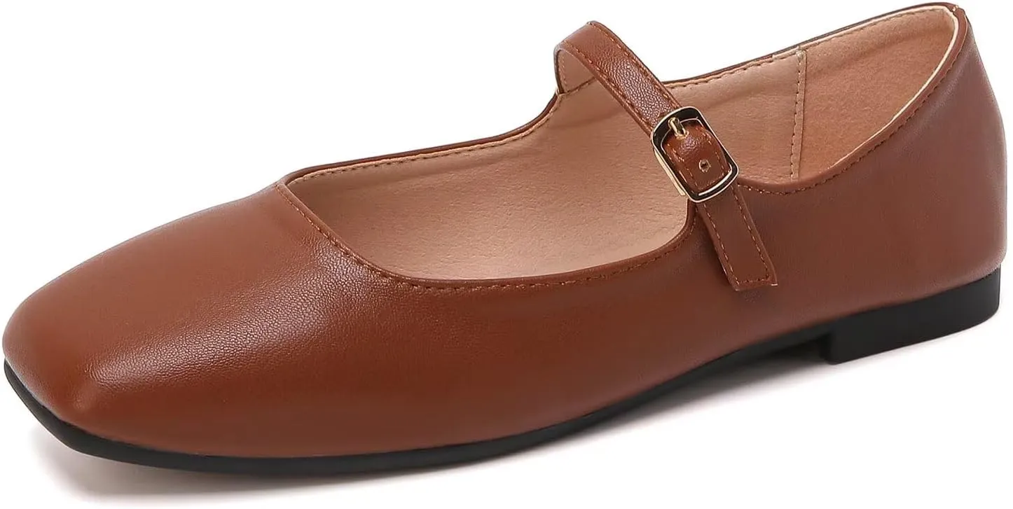 Hee grand Leather Mary Jane Shoes for Women Dressy Square Toe Ballet Flats with Strap Comfortable Walking Shoes Soft Leather Dress Shoes
