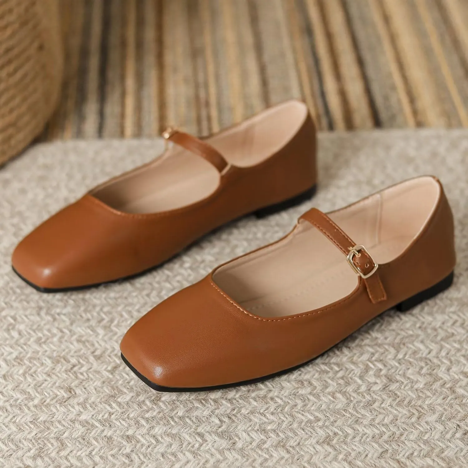 Hee grand Leather Mary Jane Shoes for Women Dressy Square Toe Ballet Flats with Strap Comfortable Walking Shoes Soft Leather Dress Shoes